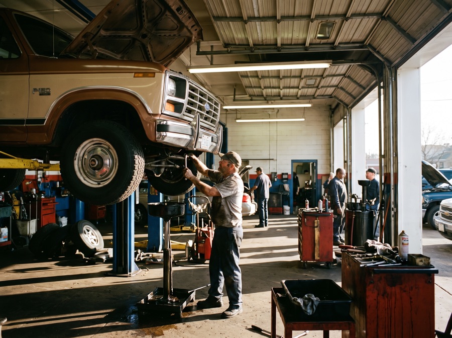 A mechanic working under a truck raised on a lift in an auto shop