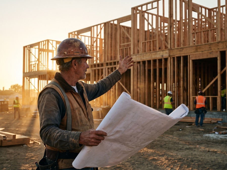 A builder reading plans on a timber-framed construction site
