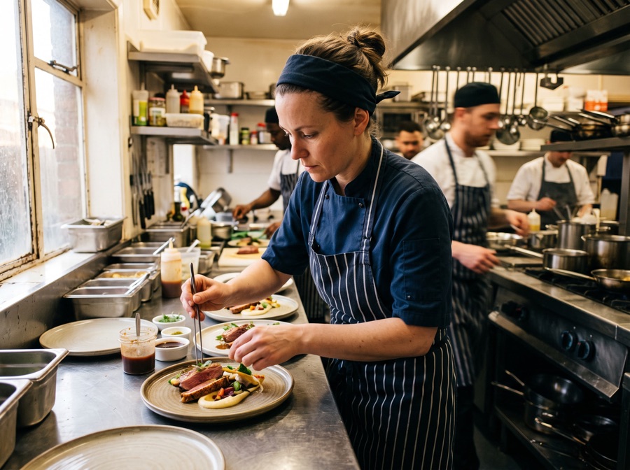 Cooks plating dishes on the line in a restaurant kitchen