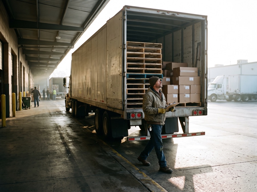 A driver checking a loaded trailer at a freight dock